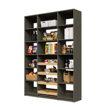 Grey 60 inch pantry shelving with four wood pull-out drawers and adjustable shelving.