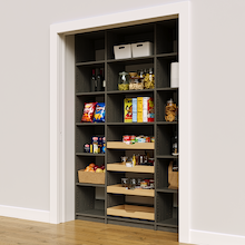 60 inch reach in pantry shelving in grey with four wood pull-out drawers.