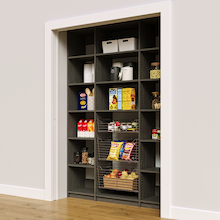 60 inch reach in kitchen pantry shelving in grey with three wire baskets.