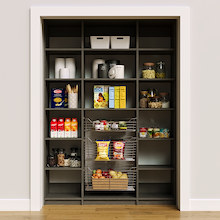 60 inch grey pantry shelf organization for family groceries and snacks.