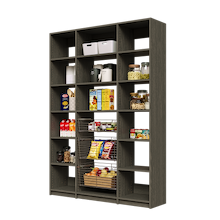 Grey 60 inch pantry storage with three wire baskets and adjustable shelving.