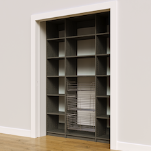 Three pull-out wire baskets for storage in a 60 inch grey pantry rack.