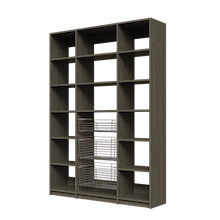 Three wire baskets in a 60 inch grey kitchen pantry.