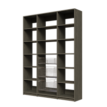Three chrome wire baskets in 63 inch grey kitchen pantry shelving.