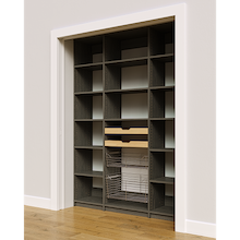 Adjustable shelf layout and two wood drawers in 63 inch grey kitchen storage.