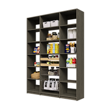 Grey 63 inch pantry shelving with two wood pull-out drawers and two pull-out wire storage baskets.