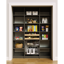 Grey 63 inch pantry storage with mixed storage sections using wood drawers and wire baskets.