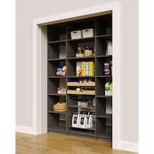 Modern grey 63 inch reach in pantry racks with two wood pull-out drawers and two pull-out wire baskets.