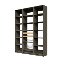 Two wood pull-out drawers and two pull-out wire baskets in 63 inch grey kitchen pantry shelving.