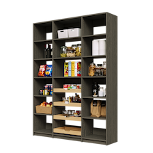 Grey 63 inch pantry shelving with four sliding wood pull-out drawers.