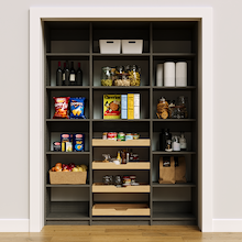 63 inch grey pantry storage for organizing dry goods and kitchen supplies.