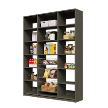 63 inch grey pantry shelving with three sliding wire storage baskets.