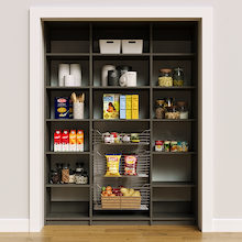 63 inch grey pantry storage for organizing dry goods and kitchen supplies.