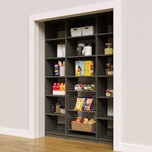 Modern grey 63 inch reach in pantry racks with three wire storage baskets.