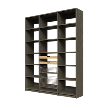 Two wood pull-out drawers and two pull-out wire baskets in 66 inch grey pantry shelving.