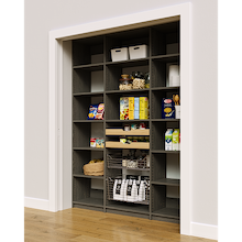 Vertical pantry racks in grey with 66 inch width, two wood drawers, and two pull-out wire baskets.