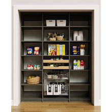 66 inch grey pantry shelving featuring a mixed drawer and basket storage section.