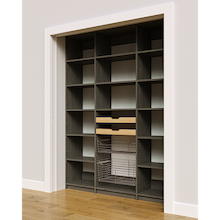 Two wood pull-out drawers and two pull-out wire baskets in a 66 inch grey kitchen pantry storage.