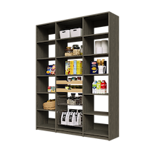 66 inch grey reach in pantry storage with two wood pull-out drawers and two pull-out wire baskets.