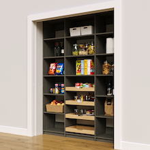 66 inch vertical pantry racks in grey with four wood pull-out drawers.
