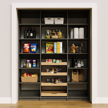 66 inch grey pantry shelving for organizing family kitchen items.