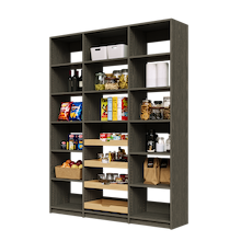 66 inch grey reach in pantry storage with four sliding wood drawers.