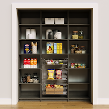 66 inch grey pantry shelves for organizing family kitchen items.