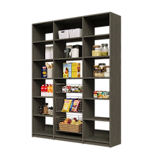 66 inch grey reach in pantry storage with three sliding wire baskets.