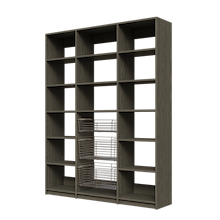 Three sliding wire baskets in 66 inch grey pantry shelving.