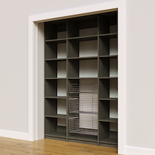 Three wire baskets in a 66 inch grey kitchen pantry storage.