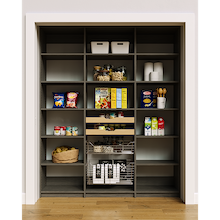 Modern grey 69 inch pantry organization highlighting the custom wood drawers and wire baskets.