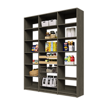 69 inch grey pantry shelving featuring two wood pull-out drawers and two pull-out wire baskets.