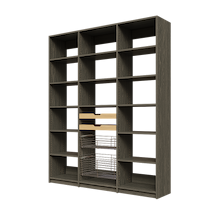 Two wood pull-out drawers and two pull-out wire baskets featured in 69 inch grey kitchen pantry shelving.