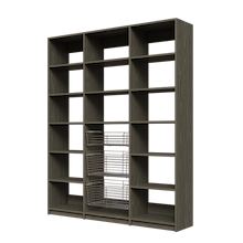 Three deep wire baskets featured in a 69 inch grey kitchen pantry.