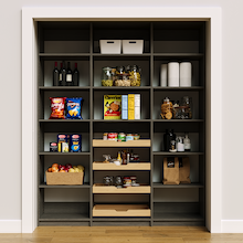 Modern grey 69 inch pantry organization with open shelves for grocery storage.