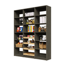 69 inch grey pantry shelving featuring four sliding wood drawers.