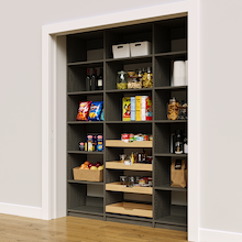 69 inch grey reach in pantry racks with four wood pull-out drawers for jars.