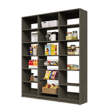 69 inch grey pantry shelving featuring three sliding wire baskets.