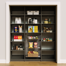 Modern grey 69 inch pantry storage with open shelves for grocery access.