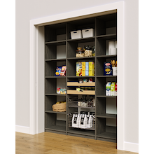 69 inch grey reach in pantry racks with two wood drawers and two pull-out wire baskets for jars.