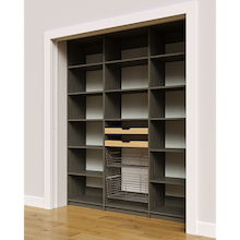 72 inch grey pantry storage with two wood pull-out drawers and two pull-out wire baskets.