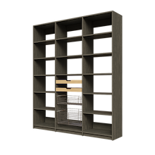 Two wood pull-out drawers and two pull-out wire baskets in 72 inch grey kitchen pantry shelving.