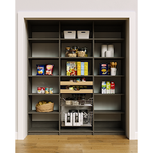 72 inch grey pantry shelving featuring mixed wood drawer and pull-out wire basket zones.