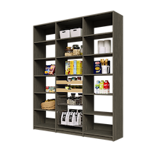 Large 72 inch grey pantry wall with two wood pull-out drawers and two pull-out wire baskets.