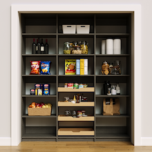 72 inch grey pantry shelving for organizing bulk food and snacks.