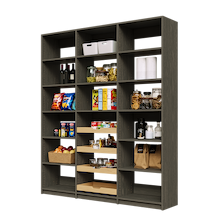 Large 72 inch grey pantry wall with four sliding wood drawers.