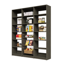 72 inch grey pantry wall with three sliding wire baskets.