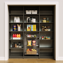 72 inch grey pantry shelves for organizing bulk food and snacks.