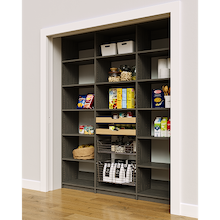 Modern grey 72 inch reach in pantry racks with two wood pull-out drawers and two pull-out wire baskets.