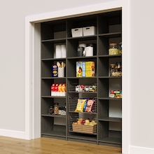 Modern grey 72 inch reach in pantry racks with three sliding wire baskets.